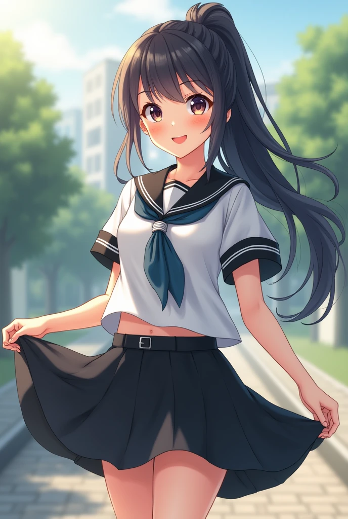 beauty　ponytail　Black Hair　smile　Embarrassing　blush　tits　Black Sailor Suit　Pure white underwear　pubic hair　The wind blows up my skirt　Photograph the whole body