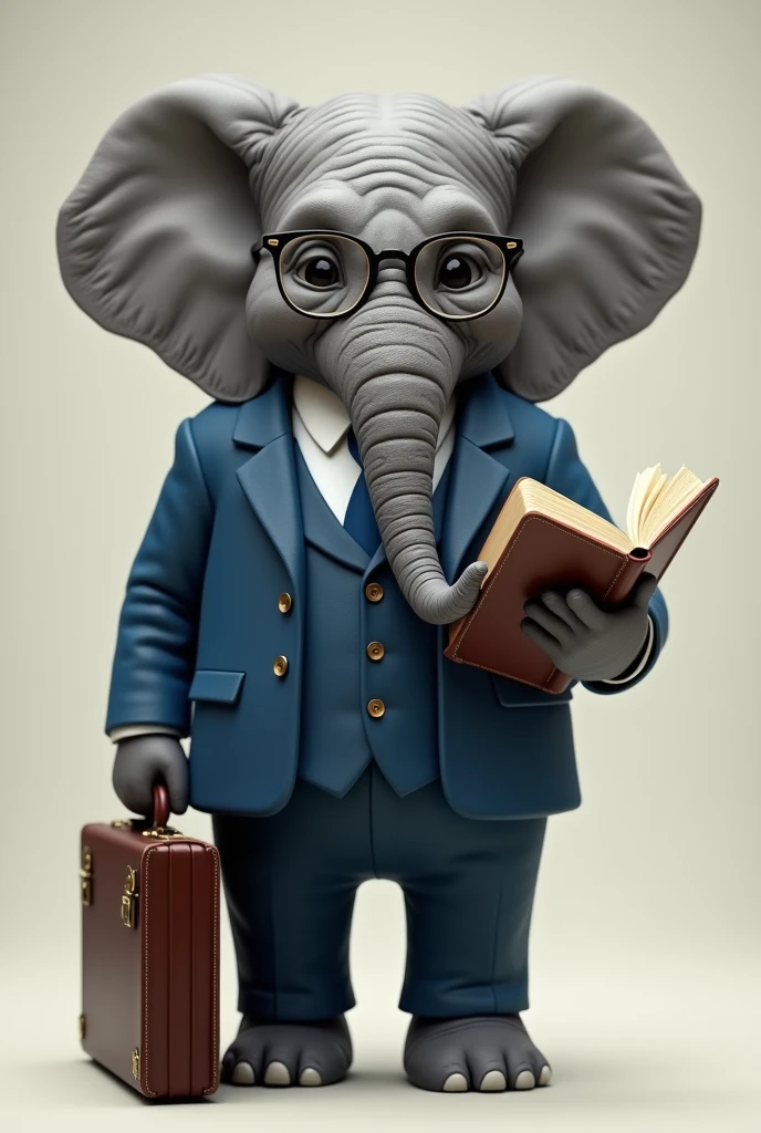 Create a realistic image of an elephant standing upright, dressed in a blue suit with a slightly nerdy vibe. The elephant should be wearing round glasses and have an intellectual, thoughtful expression. The suit should be well-fitted, with a neat tie, and the elephant could be holding a book or carrying a briefcase to enhance the nerdy character. The background should be neutral, emphasizing the elephant's serious yet studious appearance.