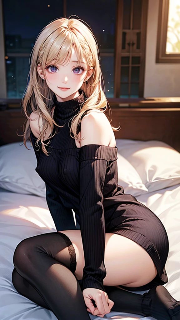 (masterpiece:1.2, Highest quality), (Realistic, photoRealistic:1.4), Beautiful illustrations, (Natural Side Lighting, Cinema Lighting),
View your viewers, whole body, 1 person, Japanese, high school girl, Perfect Face, Cute and symmetrical face, Glowing Skin, Baby Face,
(Mid-length hair, One-sided tail:1.2, Light blonde hair), Braided bangs, Asymmetrical bangs, Heart Eyes, (Middle chest, Captivating thighs, Big Ass), Beautiful Hair, Beautiful Face, Beautiful attention to detail, Beautiful clavicle, Beautiful body, Beautiful breasts, Beautiful thighs, Beautiful feet, Beautiful fingers,
((abdomen, Long sleeve, Merlot Turtleneck Sweater Dress, Off the shoulder、Black knee socks)), sheer black panties,
(Beautiful views), evening, Modern, Our room, Sitting bed, Spread your legs, (Cute smile, Upward glance),Erect nipples、Fatty face、Ahegao、Begging for insertion