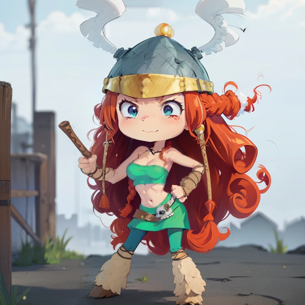 1 girl, Barbarian, by the wide, Red hair, hull, Skirt, tube top, Curly hair, Skull, black eyes, perfect anatomy