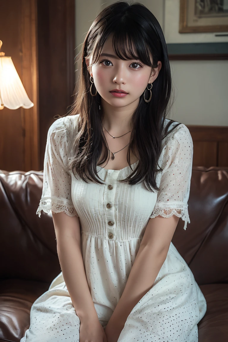 (Highest quality:1.4),(masterpiece:1.4),(Realistic:1.4),(Realistic:1.2),(超High resolution, RAW Photos:1.4),(High resolution, Ultra-detailed:1.2),(8k:1.2),View your viewers,Cinematic photography,One person,skeletally correct,Black-haired woman,Woman in her early 20s,(Small earrings,necklace,Dot pattern dress),(Western-style building interior,Dimly lit room,The lamplight shines on my cheeks,Sit on the sofa)