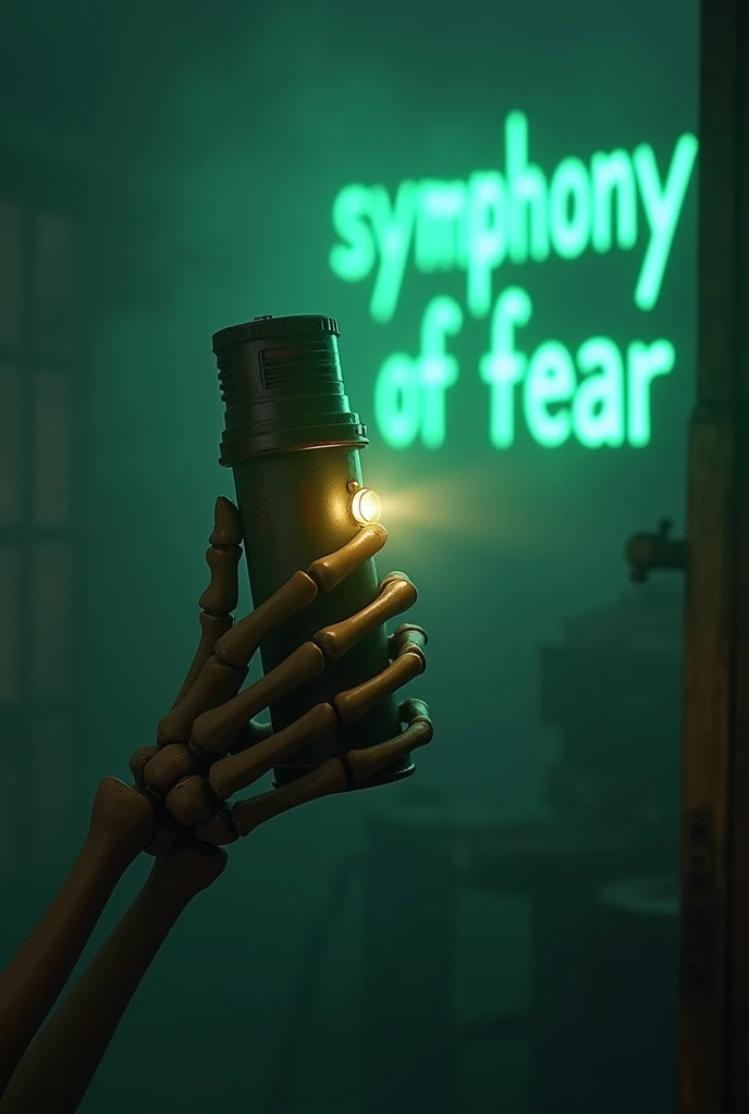 A 1980s battery-operated metal flashlight turned on, being held by a skeleton hand, In the lower left corner of the image. illuminating the words, symphony of fear, in the upper right corner in green. A frightening fog for ambiance.