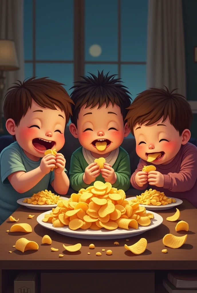  fat kids eating chips
