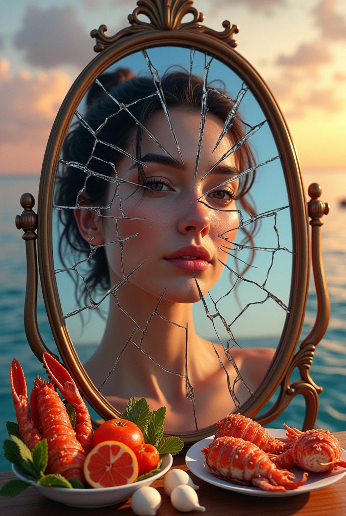 a cracked mirror with my fave and with different hobbies, the things u love like the sea, sunset, seafoods,