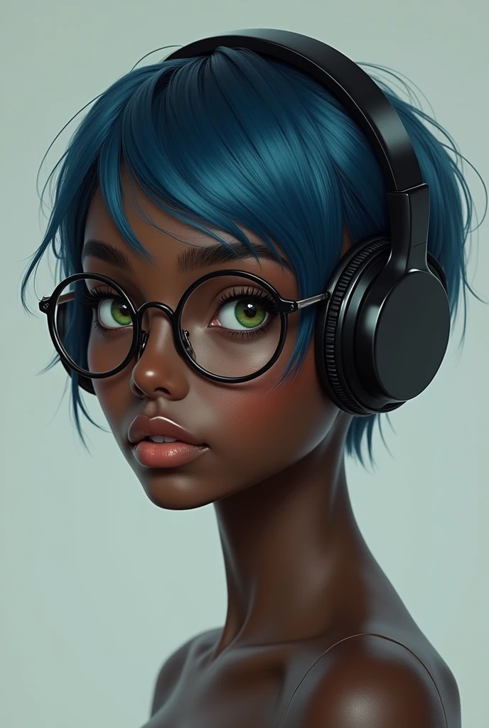 Photo realistic
Slim and slender 1 girl with really dark skin
Realistc
Obese
with green eyes, short blue to black hair
Wearing glasses
With headphones