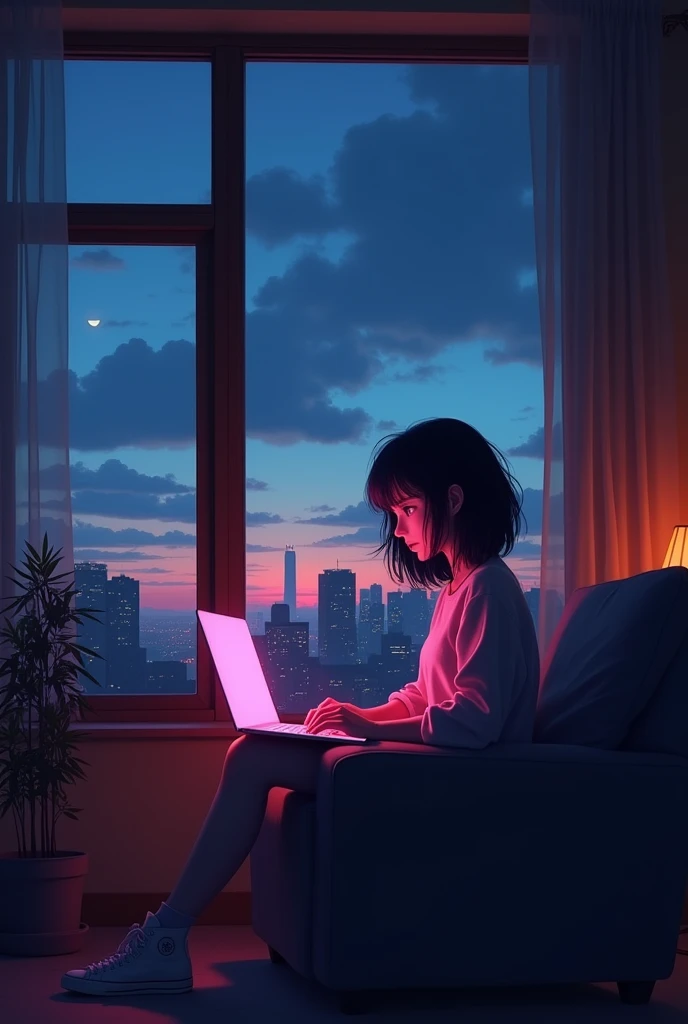 In a dark and dimly lit room、Young woman sitting in a chair、Distinctive messy black hair。She is concentrating on her laptop、The laptop emits a soft pink light.、The sunset outside is reflected。The room is warm and cozy、Large windows offer views of the city at dusk。The sky outside is a deep shade of blue and purple、Clouds are scattered here and there。The city lights start to shine、It&#39;s the atmosphere of night coming.。The overall mood is quiet and introspective.、Soft lighting enhances the peaceful atmosphere