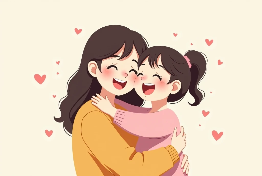 Cartoon image of mother and daughter playing happily, cartoon, cute cartoon, cute cartoon style, motherly love, cute illustration, clean anime art, simple background
