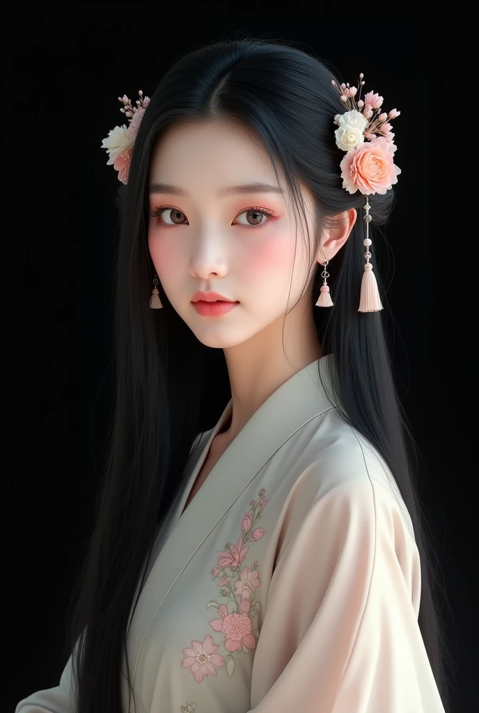 A full body image of a young Chinese woman with a pale complexion, smooth and flawless skin, and strikingly large eyes with delicate makeup, including soft pink lips. She has long, straight, black hair adorned with delicate floral hairpins and tassels, featuring a mix of soft pink and white flowers. The woman's expression is slightly serious yet elegant, with a gentle and serene look. She wears a traditional, light-colored robe with subtle floral patterns. The background is a solid black, which contrasts with her light skin and adds depth to the image. The lighting is soft and focused on her face, highlighting her features and giving a slight glow to her hair. The composition centers her face, creating a balanced and harmonious image.