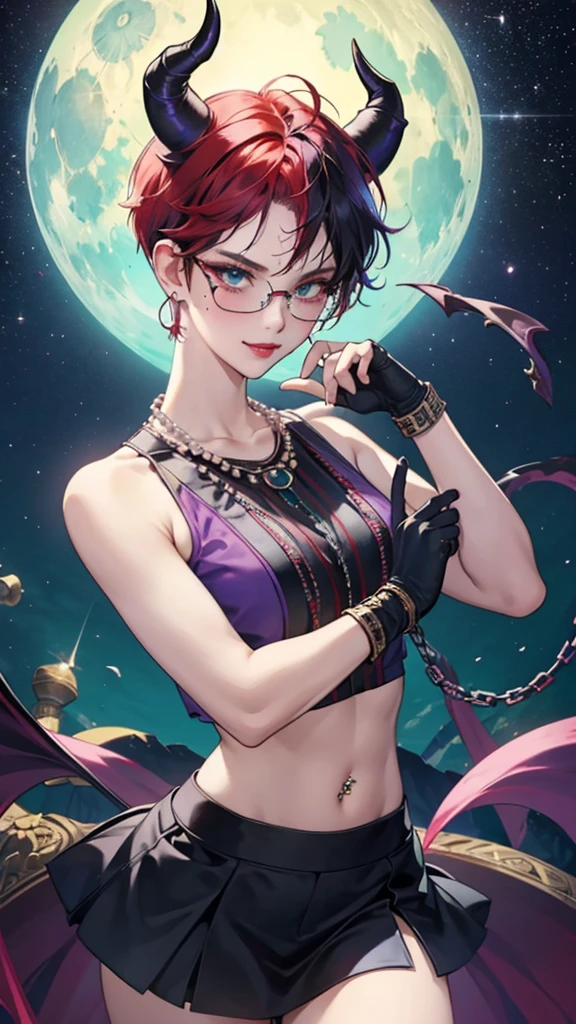 8k, masterpiece, best quality, highly detailed, 1 girl, tiefling, warlock, pixie cut, multicolored hair, very short straight hair red highlight hair on white hair, strippled hair, wearing glasses, round glasses, earrings, navel piercing, red eyeshadow, long eyelashes, blushed cheek, red lips, pearl necklace, rings, collarbone, mole on face, glamorous, teal and purple clothes, sleeveless, miniskirt, smirk, close up view, rings, looking at viewer, demon horns, solo, starry sky, pale blue moon, standing, boxing stance, demonic arms, chains on the background, black transparent laced gloves.