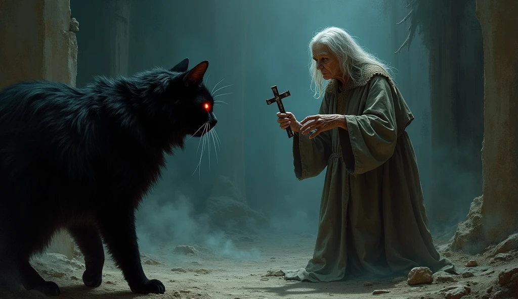 A very old lady dressed as a healer holds a bottle of holy water in one hand and a crucifix in the other hand., before a sinister presence in the form of a black cat with red eyes that lurks