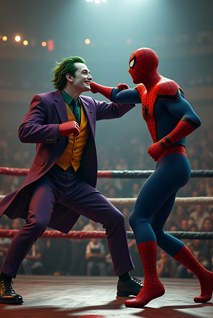 Joker punching spidermanface at boxing land