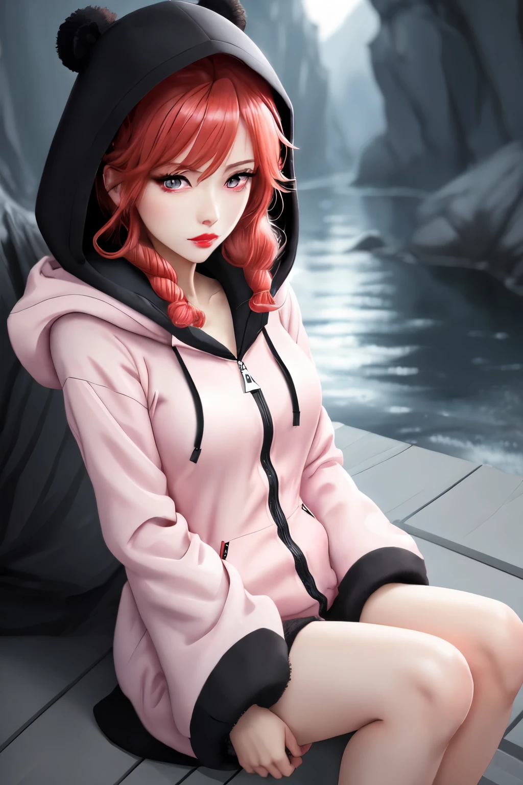 8k, sharp digital anime draw, cute pink eyes, red lips, beautyfull shy woman looking at view, black braid hair, wear only a one bear pajama with hood on, front zipper open, uncover the skin up to the abdomen, sitting on puff, dim light, watercolor blurry background