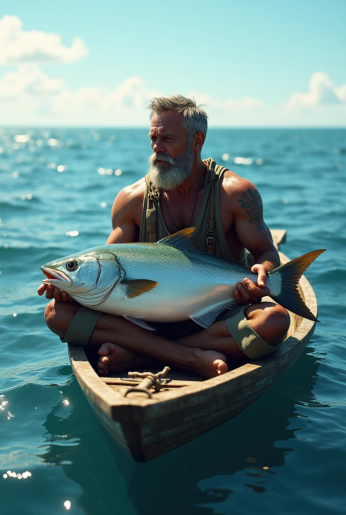 A man floating in sea on boat and eating large fish realistic photo