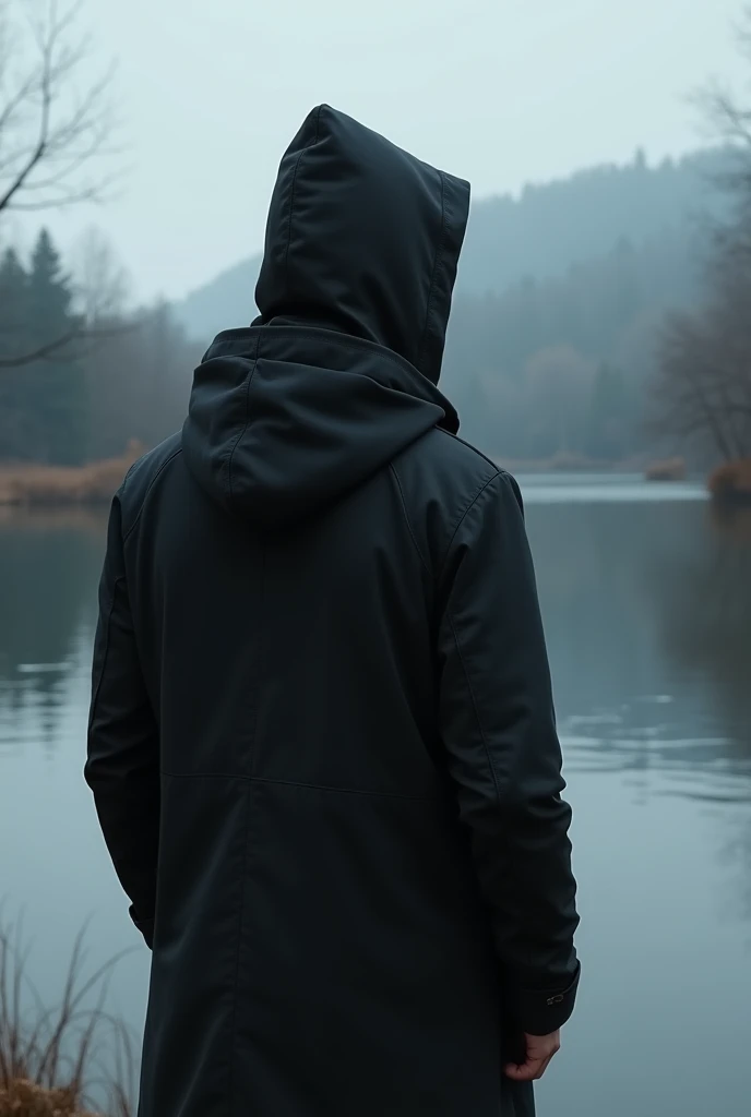 Create an image of a young man in a black coat and a hood drawn back looking at a lake, I want him wearing the hood and I want him to be looking at the lake but I don't want his face to show, I want him to have his back to the camera