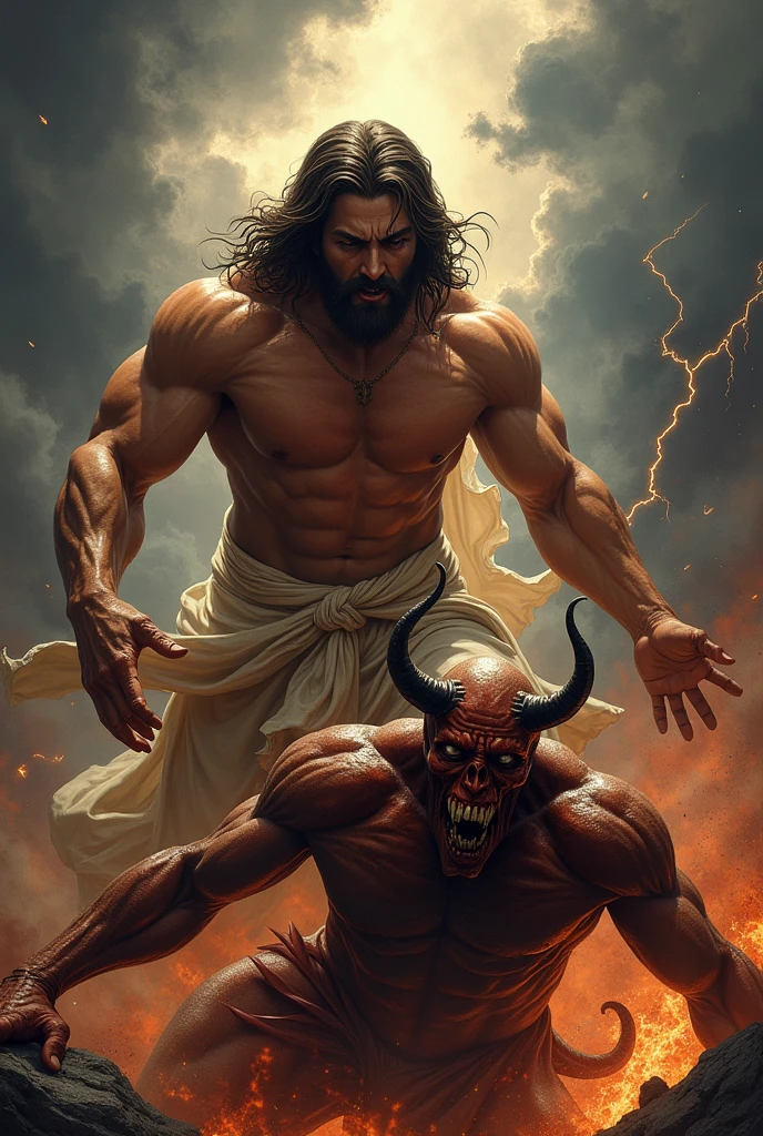 Generate a T-shirt design, muscular jesus destroying satan