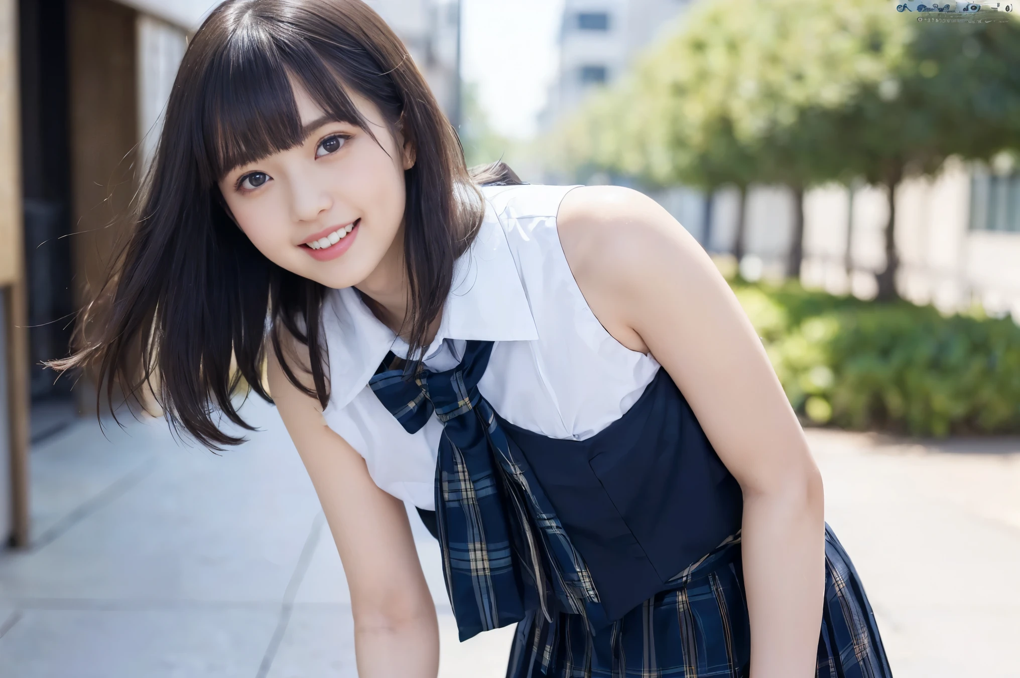 (Highest quality, masterpiece:1.2), Highest quality, Realistic, photograph, High resolution, 1080P, 8k, Physical Rendering, ((height: 155cm、Slim and slender style、medium firm chest)), ((((((A beautiful fashion model featured in a Japanese fashion magazine、Look directly at the viewer)))))), (((big, Very fine, Beautiful dark brown eyes))), ((((Everyone loves me、They are Laughter at me.!)))), Detailed fingers, (((length, Curled bangs))), ((((Very noble and cute eyes, Every detail is carefully drawn)))), ((two重まぶた)), (((length eyelashes))), ((cute、Adorable、Adorable、Laughter、Laughter頬)), ((Pure white light hits my nose and cheeks. Her eyes and the white skin of her face are beautifully white........)), (((((Her face is very expressive、With a noble smile。, so sweet, very smart))))), ((((A striking plain navy large school ribbon bow tie)))), ((((Beautiful long black hair blowing in the strong wind、Fluttering Hair)))), (((((((She rolled up her formal long pleated skirt, Blue and navy tartan check, ))))))), ((((The size is a bit small、When she lifts up her white sleeveless shirt with a gold emblem, she shows off her beautiful small breasts.、Full upper body nude)))), ((As elegant as a noble princess)), ((From before, Create a striking image showing off your breasts..))(((((( fully nude high school girl)))))、Tight waist((((((two))))))、((((((2Full nude high school girls)))))、Shortcut Straight Hair
