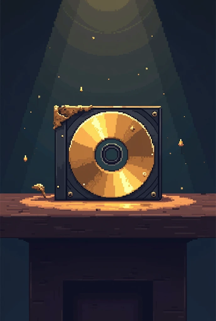 Pixel ART style, you can draw a gold CD in a thin black case like the devil with a little wear on top of a simple table