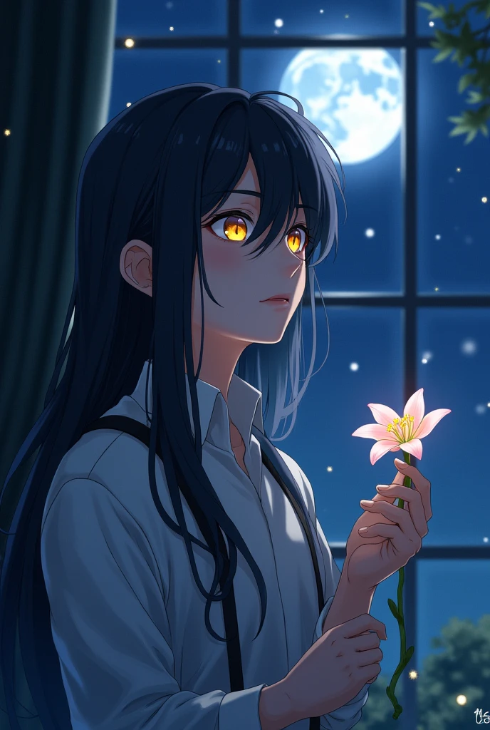 A young man is holding a branch of lily. He has long black hair and gray eyes with yellow lenses. He is looking at the moon through the window.