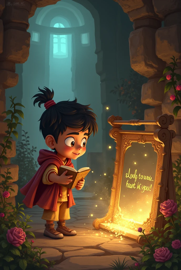 Discovering the Treasures
Visual for Munna: Munna finds himself in a library-like room filled with ancient scrolls and a glowing book titled "Secrets of Life." He looks thoughtful and curious as he reaches for the book.
Visual for Bunty: Bunty walks along a path filled with beautiful flowers and finds a sketch of a heart. He looks touched and inspired, holding the sketch close to his chest, with the words "Listen to your heart" written on it.
Visual for Champu: Champu follows his misty path and finds a mirror. He looks into it, seeing his own reflection. The words "Know yourself, the treasure is you" appear on the glass. Champu smiles, realizing the message.