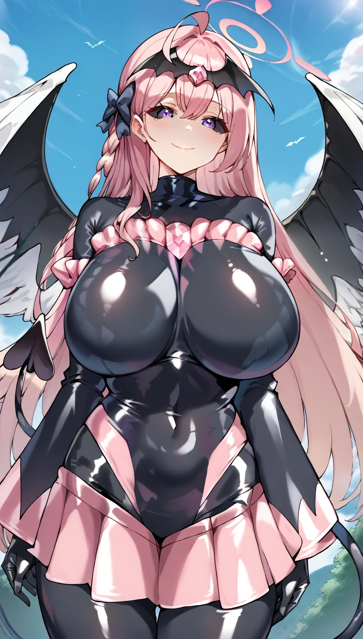 masterpiece, score_9, score_8_up, score_7_up, source_anime, best quality, extremely detailed, 1girl, milf, solo, hanako \(blue archive\), (huge breasts:1.3), ((((pink hair), long hair, black sclera, purple eyes, ahoge,  large featheted wings, white wings, low wings, demon tail, halo))), parted lips, (((black badend-bodysuit, badend-tiara, pink frills, pink skirt, pink gem, latex bodysuit))), ((yandere, evil smile), closed mouth), ((outdoor, shibuya street))