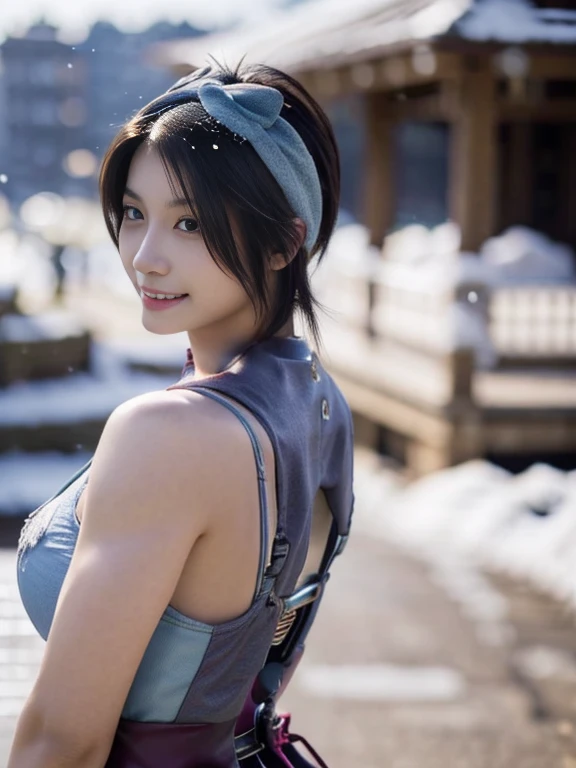 20 year old Japanese beauty,One woman、Muscular body like a bodybuilder、Emphasize the breasts、He wears a headband on his head、Slit eyes、A head-to-toe view,Bust is very very large、The background is a snowy country、High quality photos、Clear, crisp images of the lower body、Masterpiece 8k、Smiling、Is doing a high kick、From the front, from the side, from the back, etc.々from what camera angle to shoot、Light blue ninja costume