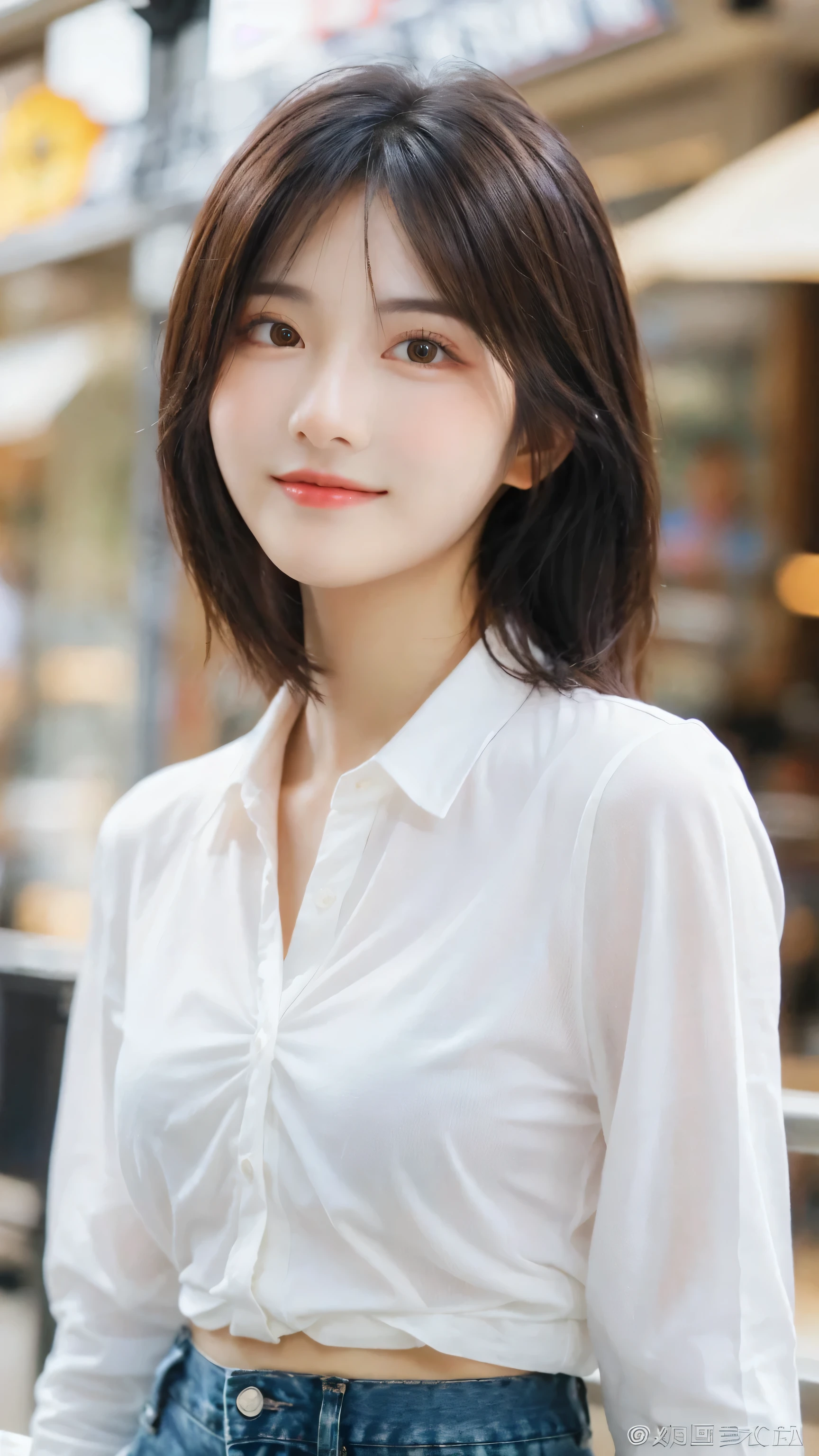 (8k, RAW Photo, Best Quality, Masterpiece:1.2), table top, Ultra Detail, Super Resolution, (Realistic, Realistic Photo:1.37), Portrait, High Detail RAW Color Photo, Professional Photo, Extremely Detailed and Beautiful, Extremely detailed, 8k wallpaper, amazing and detailed, huge file size, official art, highly detailed CG unity 8k wallpaper, highly detailed beautiful girl, highly detailed face, highly detailed eyes, highly detailed skin, highly detailed fingers, highly detailed nose, very detailed detailed mouth , perfect anatomy, highly detailed background, highly detailed clothes, 1girl, 1 girl, cute girl, realistic body, fair skin, glowing skin , slim body, handsome body, black hair , semilong hair, (blunt bangs:1.2), smile, cute, youthful, cute face, realistic face, delicate eyes, drooping eyes, looking at viewer, facing front, standing posture, Contraposto, (medium chest), (Perfect Body Proportions), (slender Body Proportions), super sexy pose, (white shirt), (jeans pants), (authentic bar),