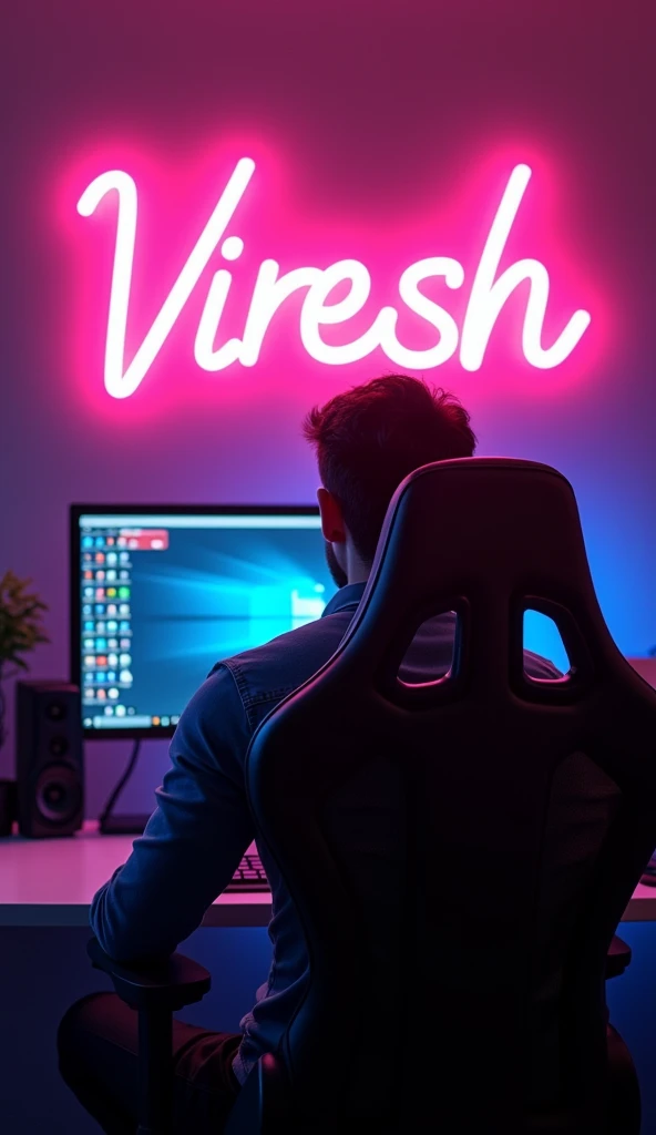 Create  3d picture a man sitting on gaming chair and working on pc . And wall written his name "viresh" with neon light. Picture from back side, man face not visible.