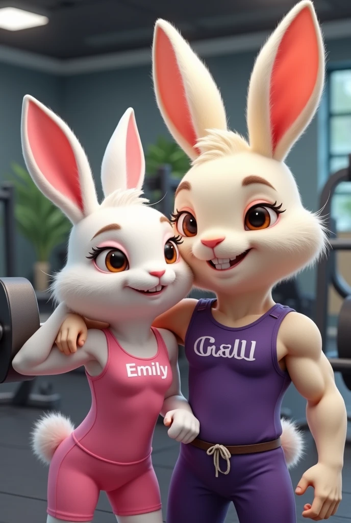 A white bunny training at the gym with pink clothes and the words “Emily” on her clothes and honey brown eyes.
and with her boyfriend, a white, blond, muscular rabbit man with purple clothes that says “Gaell” who is taller and is giving her a kiss on the forehead