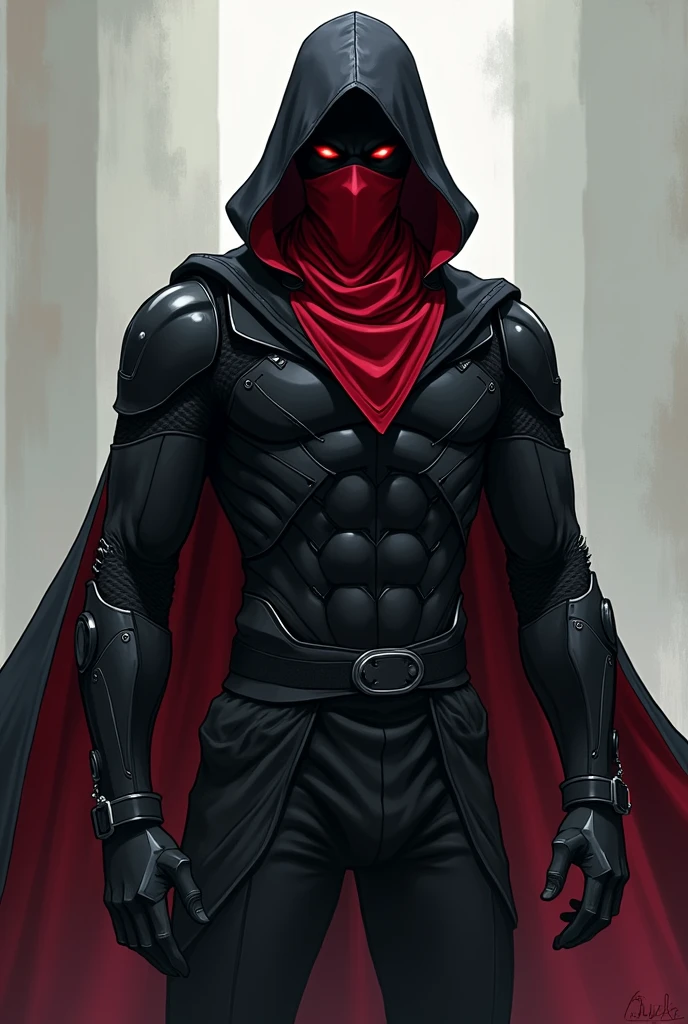 A anime villian, with dark black armor, a slim body with little musle and a red bandana showing little of his face and no cape. 