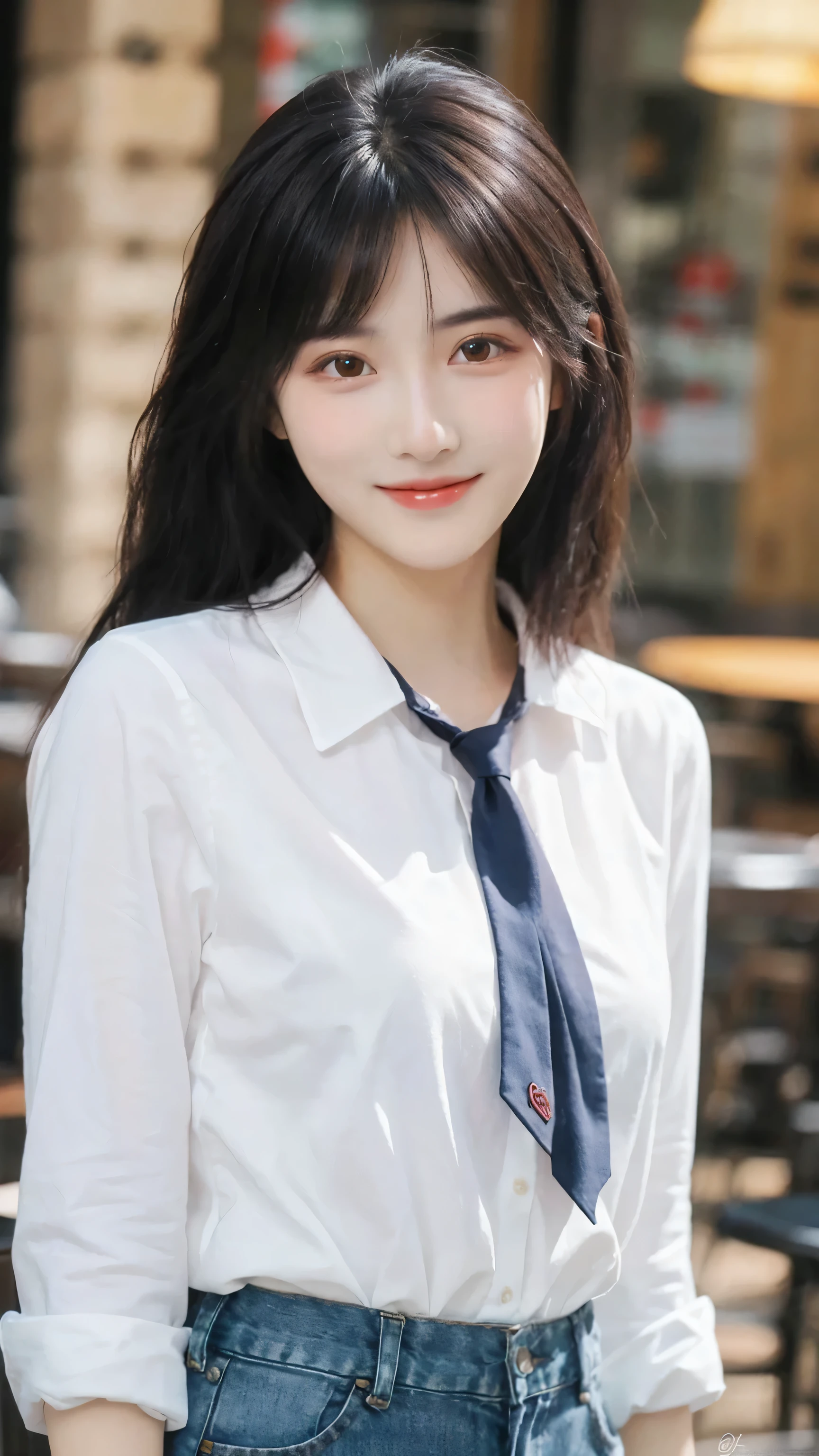 (8k, RAW Photo, Best Quality, Masterpiece:1.2), table top, Ultra Detail, Super Resolution, (Realistic, Realistic Photo:1.37), Portrait, High Detail RAW Color Photo, Professional Photo, Extremely Detailed and Beautiful, Extremely detailed, 8k wallpaper, amazing and detailed, huge file size, official art, highly detailed CG unity 8k wallpaper, highly detailed beautiful girl, highly detailed face, highly detailed eyes, highly detailed skin, highly detailed fingers, highly detailed nose, very detailed detailed mouth , perfect anatomy, highly detailed background, highly detailed clothes, 1girl, 1 girl, cute girl, realistic body, fair skin, glowing skin , slim body, handsome body, black hair , semilong hair, (blunt bangs:1.2), smile, cute, youthful, cute face, realistic face, delicate eyes, drooping eyes, looking at viewer, facing front, standing posture, Contraposto, (medium chest), (Perfect Body Proportions), (slender Body Proportions), super sexy pose, (white shirt), (jeans pants), (authentic bar),