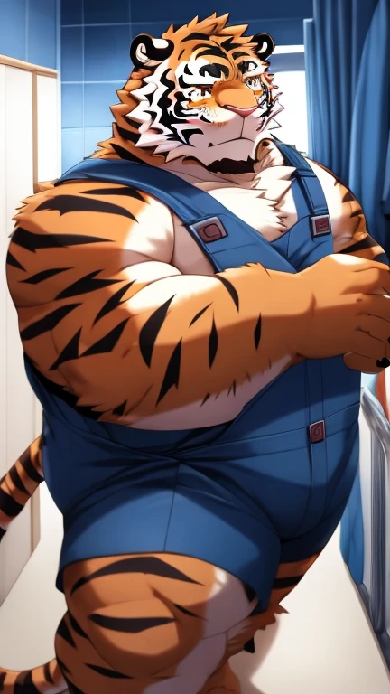 anime style, aid210, nj5furry, ((whole body)), ((overall)), standing, ((plump middle-aged tiger man)), BREAK ((brown eyes)), one eye closed, beautiful beard, beautiful ears, (male face:1.3), (big face:0.5), square jawline, (Male Eyes:1.2), (sharp eyes:0.8), (big eyes:0.5), male eyebrows, (innocent look:0.5), (beautiful black nails down to the last detail:1.2), BREAK (complete Anatomy), (detailed face:1.3), beautiful face, (detailed body), (beautiful hands:1.2), (detailed fingers:1.2), (detailed eyes:1.1), (beautiful Eyes:1.1), arm details, Leg Details, beautiful feet, BREAK Muscular anthlo, body hair, ((hairy skin)), fluffy, (blood vessel:-0.8), (glowing Skin:-0.7), (chest hair:0.5), (1 tail), (a beautiful and detailed small tail), BREAK night sky, changingroom, indoor, ultra detailed, highest quality, ultra-high resolution, realistic, 16K, masterpiece, beautiful detailed, perfect solution, absurdists, (faint light),