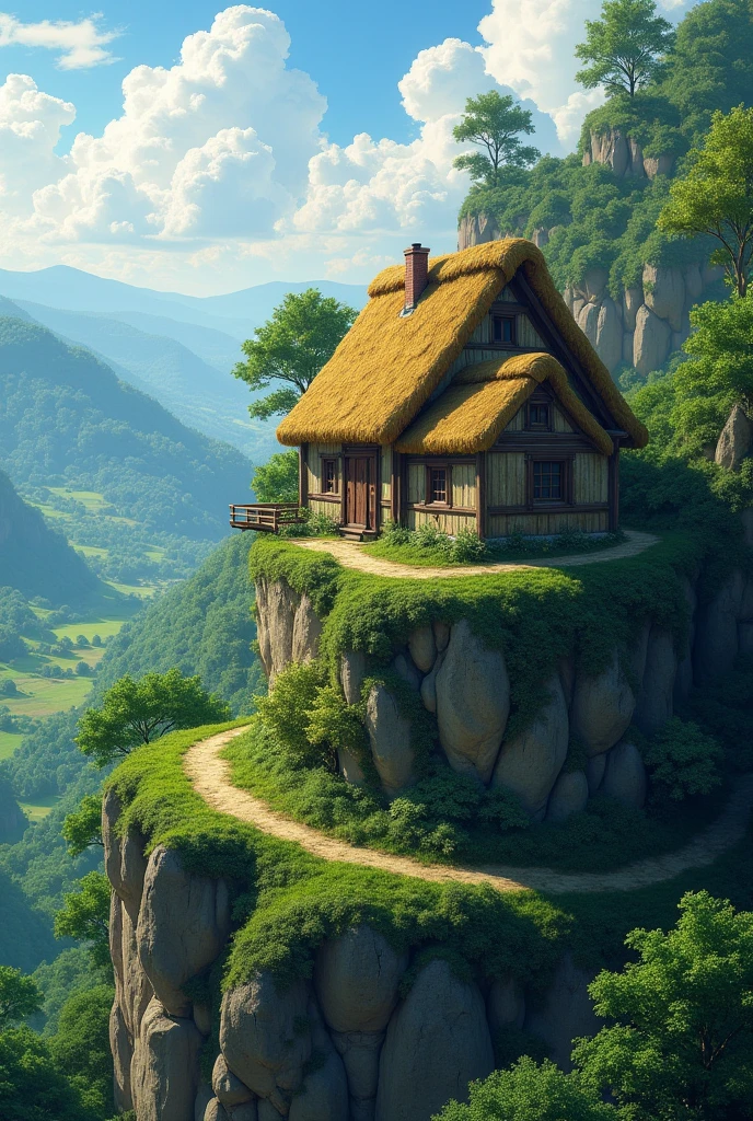 T h a t c h e d farmhouse s t o o d at the v e r g e of a small plateau over looking away it was h e m m e d in on three sides by t h i c k l y w o o d e d s u m m i t s