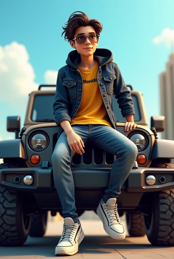 Create a 3D animation of 1 boy wearing a Yellow tshirt black damin jacket jeens and sneakers luxury glasses long beautiful hair sitting casually on black Mahindra thar 4x4 car, the girl looking stylish ànd beautiful and name "AFZAL " is written on his hoodie drees make sure photo realistic and amazing background with blue sky and building or park in dubai, 3d art painting realistic photo.