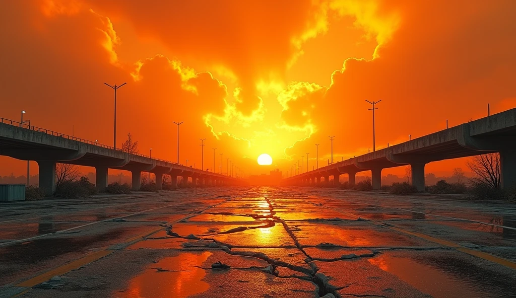 orange background, destroyed parking lot without cars. Ruin. maximum realism