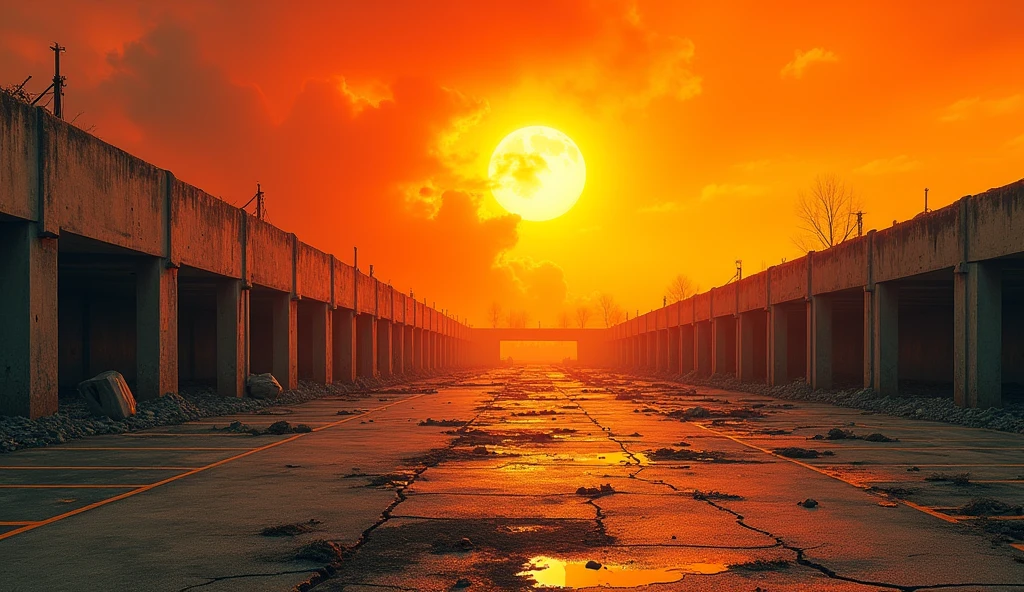 orange background, destroyed parking lot without cars. Ruin. maximum realism 