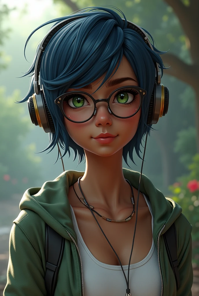 Photo realistic 
Photo realistic 
Slim and slender 1  girl with really dark skin
Realistc
Obese
Obese
with green eyes, short blue to black hair 
Wearing glasses
With headphones