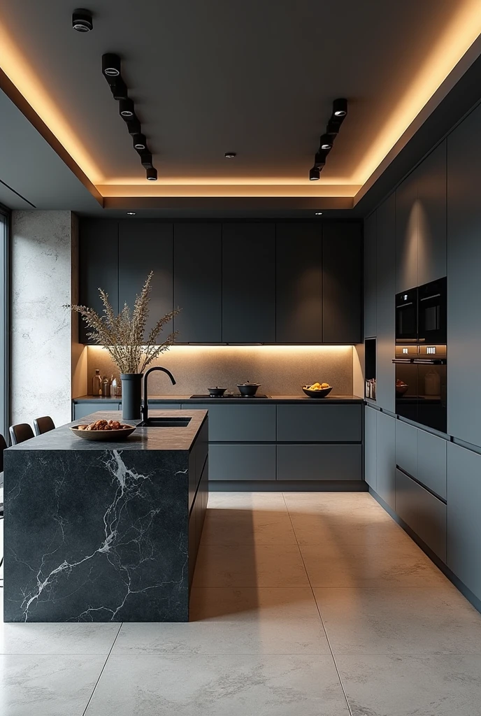 Professional 3d architecture rendering design of modern and minimal kitchen with so dark vintage blue and dark beige cabinets and modern windows and so dark gray marble slab stone island and black modern dark silver chairs and modern ceiling lighting and