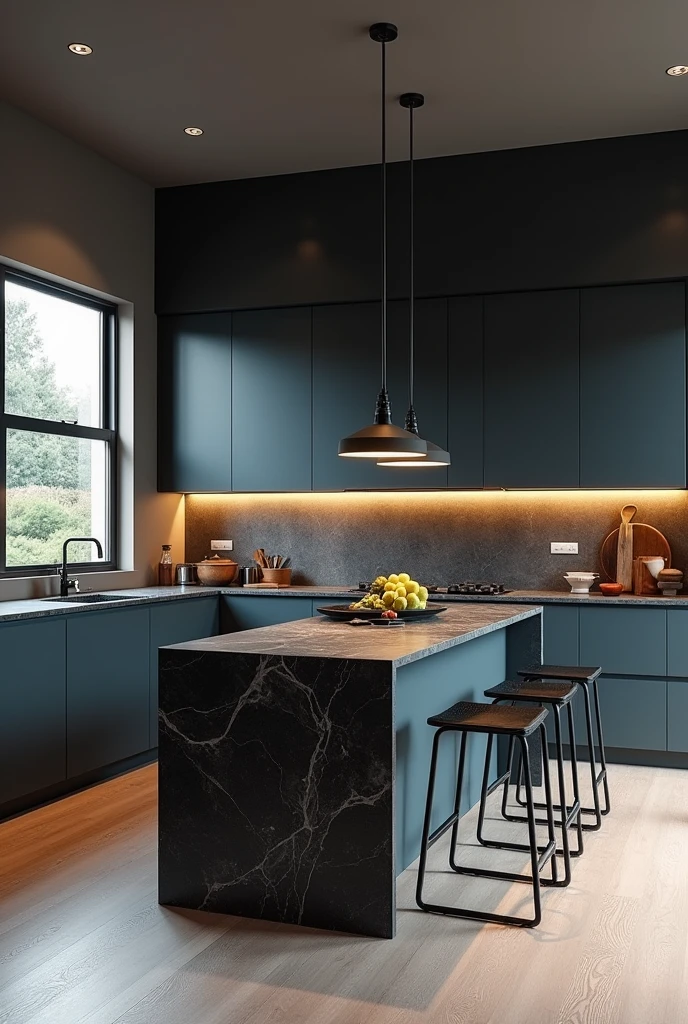 Professional 3d architecture rendering design of modern and minimal kitchen with so dark vintage blue and dark beige cabinets and modern windows and so dark gray marble slab stone island and black modern dark silver chairs and modern ceiling lighting and