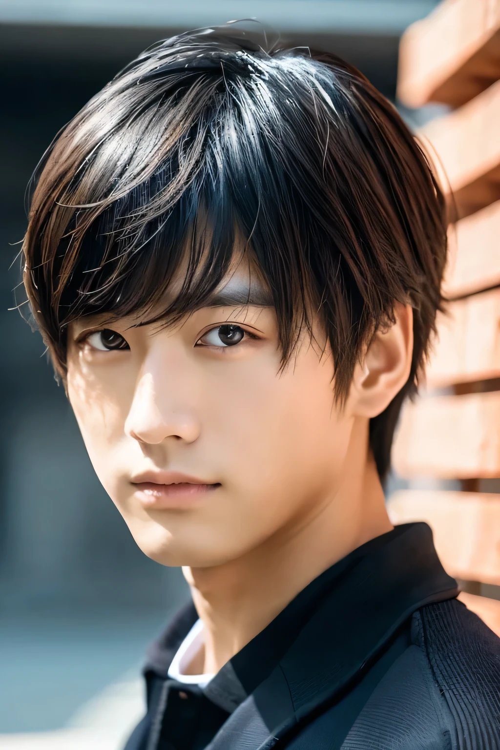 Refreshing Japanese man、Realistic photo、Highest quality、Concrete Background、Realistic eyes、Center-part hairstyle