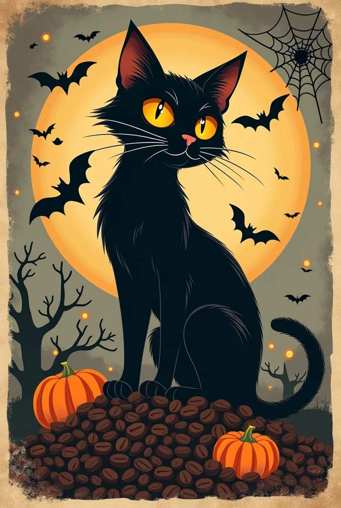Retro halloween coffee poster en tonos grises