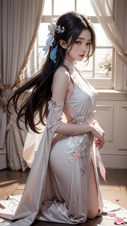 A full body image of a young Chinese woman with a pale complexion, smooth and flawless skin, and strikingly large eyes with delicate makeup, including soft pink lips. She has long, straight, black hair adorned with delicate floral hairpins and tassels, featuring a mix of soft pink and white flowers. The woman's expression is slightly serious yet elegant, with a gentle and serene look. She wears a traditional, light-colored robe with subtle floral patterns. The background is a solid black, which contrasts with her light skin and adds depth to the image. The lighting is soft and focused on her face, highlighting her features and giving a slight glow to her hair. The composition centers her face, creating a balanced and harmonious image.