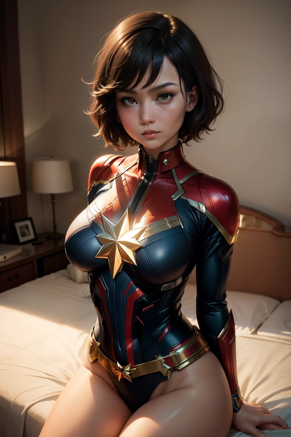masterpiece、Short-haired girl wearing Captain marvel suit on the bed、large full breasts、Looking at the camera、Glossy costume、Toostock
