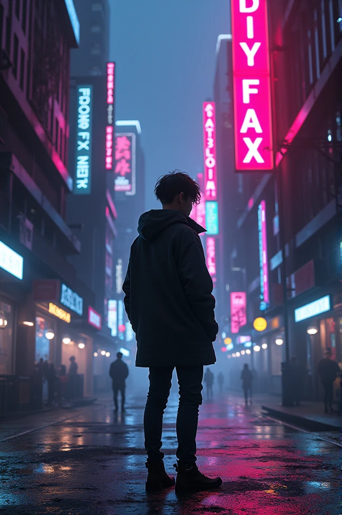 A person standing and thinking about something in neon city of cyber punk in background
There is written(daily fax) and with neon lights