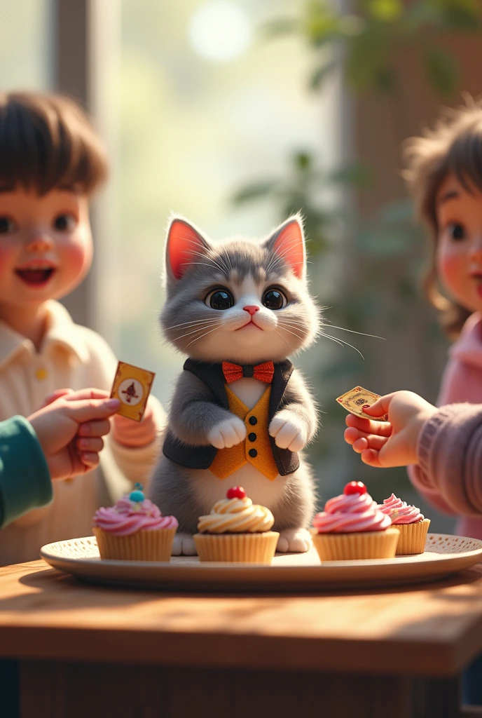 the  grey white little cat in clothes people take the cakes from tray and gives money.