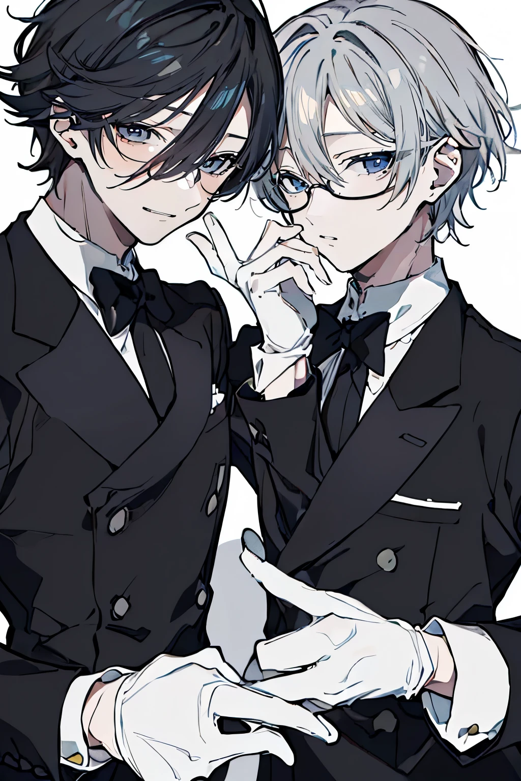 (Mastepiece)、(Best Quality)、Very detailed、((Two butlers:1.5))、Perfect Face、Beautiful Face、Very detailedな顔、(Black-haired man:1.3)、(Grey-haired man:1.3)、Black butler uniform、(One-eyed glasses:1.3)、(White gloves:1.3)、Smiling face