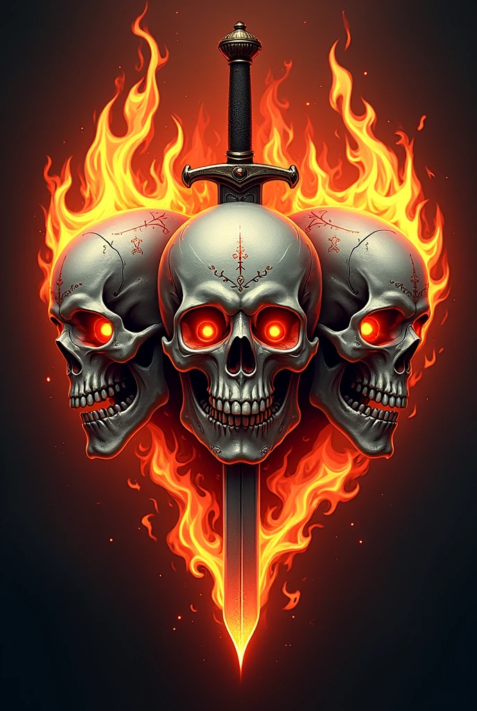 a logo icon of three skulls with eternal flames of passion with sword of dignity with word in there forehead
