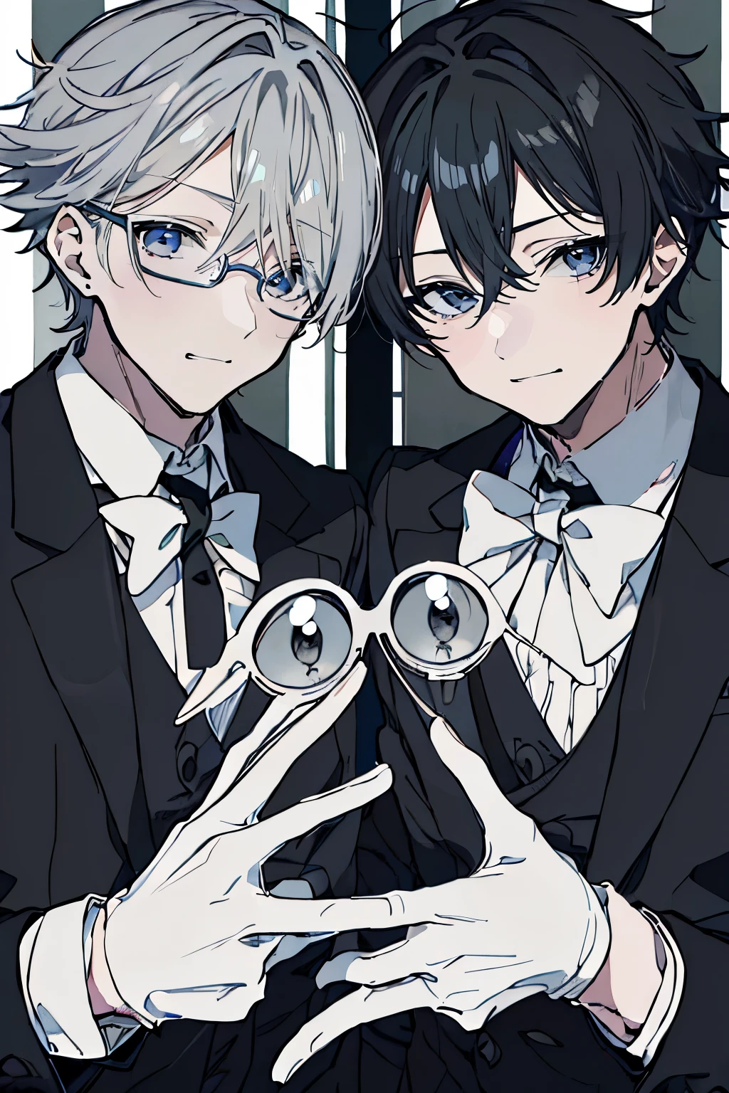 (Mastepiece)、(Best Quality)、Very detailed、((Two butlers:1.5))、Perfect Face、Beautiful Face、Very detailedな顔、(Black-haired man:1.3)、(Grey-haired man:1.3)、Black butler uniform、(One-eyed glasses:1.3)、(White gloves:1.3)、Smiling face