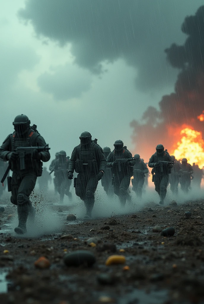 Many enemy approaching, rainy and windy weather, bombing and explosion behind them, in a battle field, 3D style
