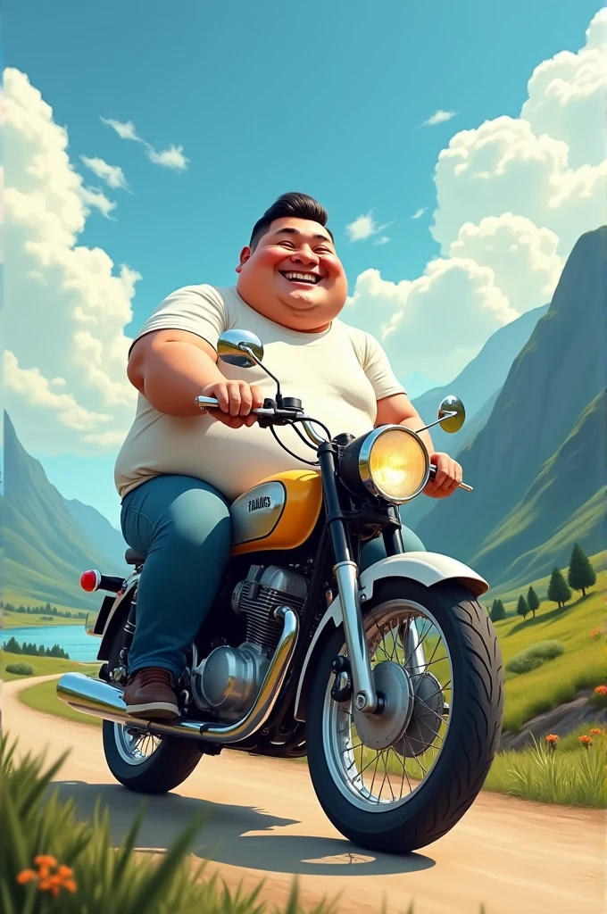 Can you create an image of a fat man riding a RX 100 bike with a big smile on his face and a scenic background?