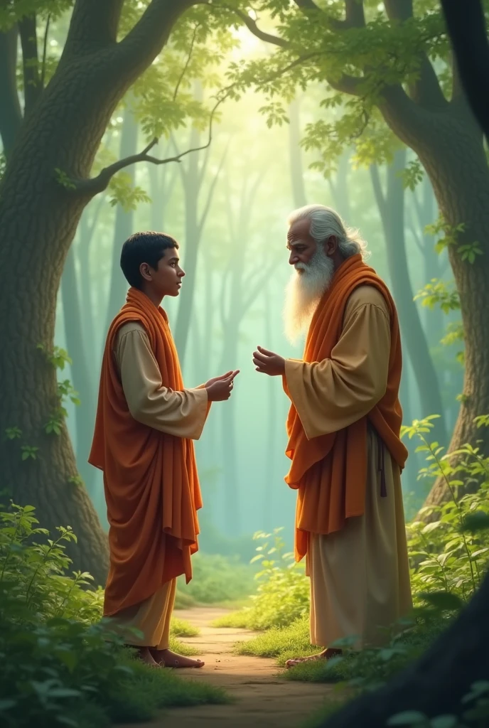 One young age bramhana student with aged 25 years met a old bramhana pandit in the middle of forest and they are talking